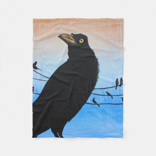 Grackle Austin Texas Black Bird Wildlife Painting Fleece Blanket (Front)