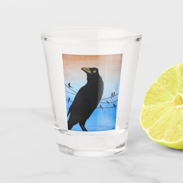 Grackle Austin Texas Black Bird Wildlife Painting Shot Glass (Front)