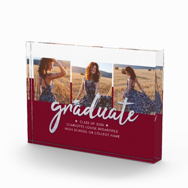 Grad 2022 Keepsake Glitter Silver Script Graduate Photo Block (Right)