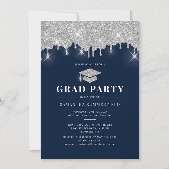 Grad 2022 Navy Silver Glitter Graduation Party Invitation (Front)