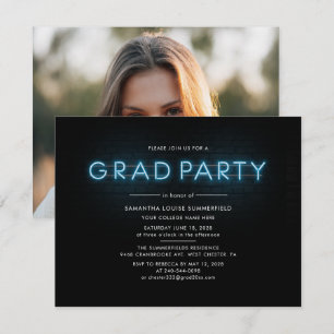 Grad 2022 Photo Blue Neon Graduation Party Invitation
