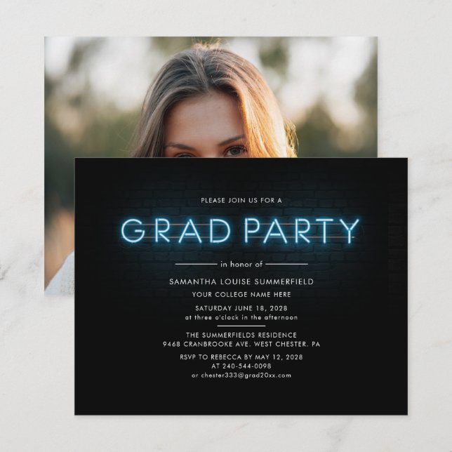 Grad 2022 Photo Blue Neon Graduation Party Invitation (Front/Back)