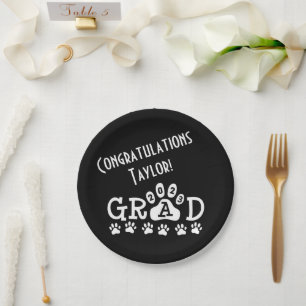 grad 2023 black white paw prints graduation paper plate