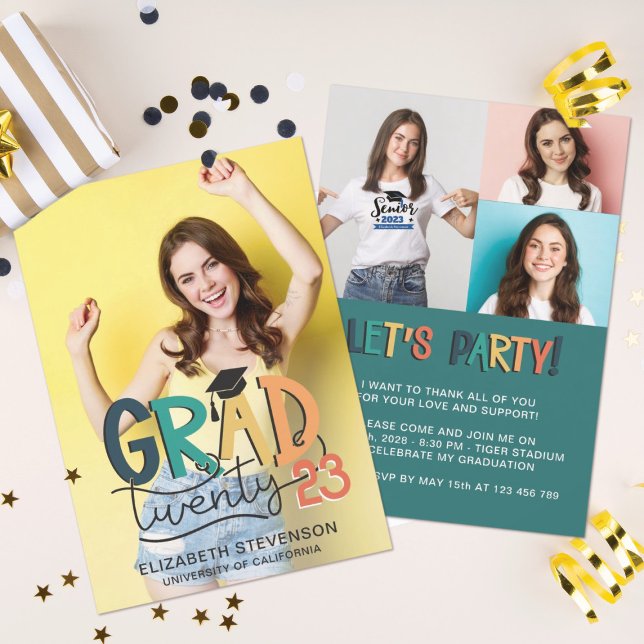 Grad 2023 retro colourful graduation party 4 photo invitation (Creator Uploaded)
