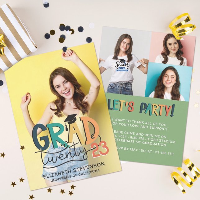 Grad 2023 retro colourful graduation party 4 photo invitation (Creator Uploaded)