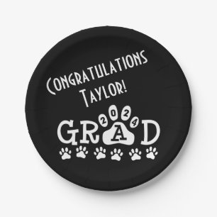 grad 2024 black white paw prints graduation paper plate