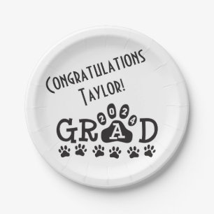 grad 2024 white black paw prints graduation paper plate