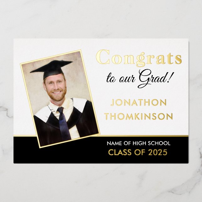 Grad 2025 Announcement Gold Foil Photo White Black (Front)