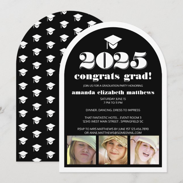 Grad 2025 Black Stylish 3 Photo Graduation Party Invitation (Front/Back)