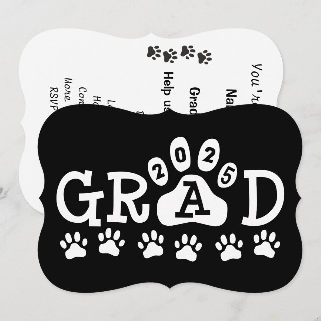 grad 2025 Black White Paw Prints Graduation Invitation (Front/Back)