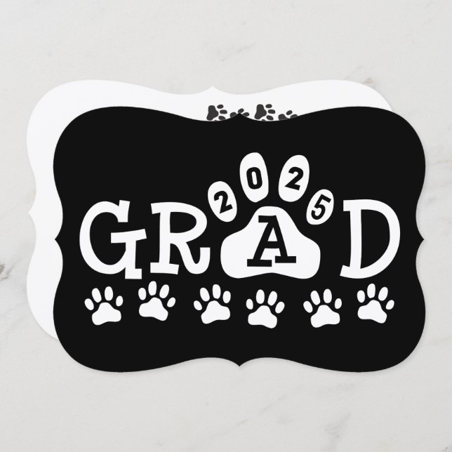 grad 2025 Black White Paw Prints Graduation Invitation (Front/Back)