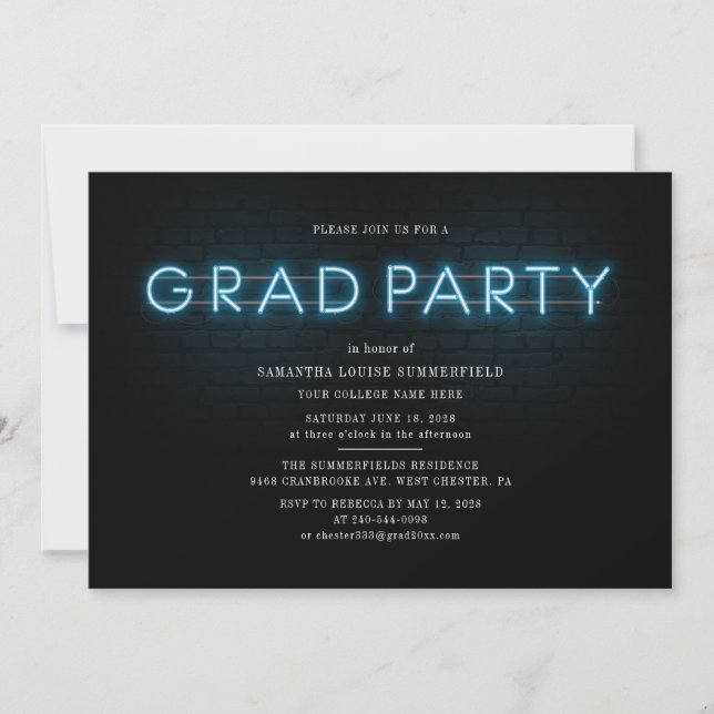 Grad 2025 Blue Neon Graduation Photo Party Invitation (Front)