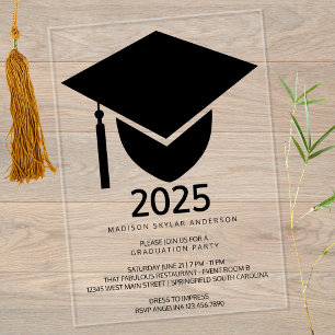 Grad 2025 Modern Formal Black Cap Graduation Party Acrylic Invitations
