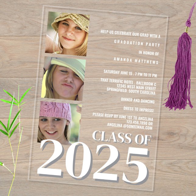Grad 2025 Modern White Text 3 Photo Graduation Acrylic Invitations (These white typography design graduation invitations feature three photos of your proud graduate)