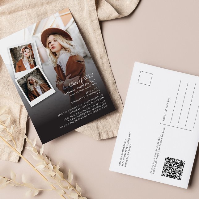 Grad 2025 Open House QR Code 3 Photos Graduation Invitation Postcard (Graduation Photo Collage Open House 2024 Party Invitation Postcard )