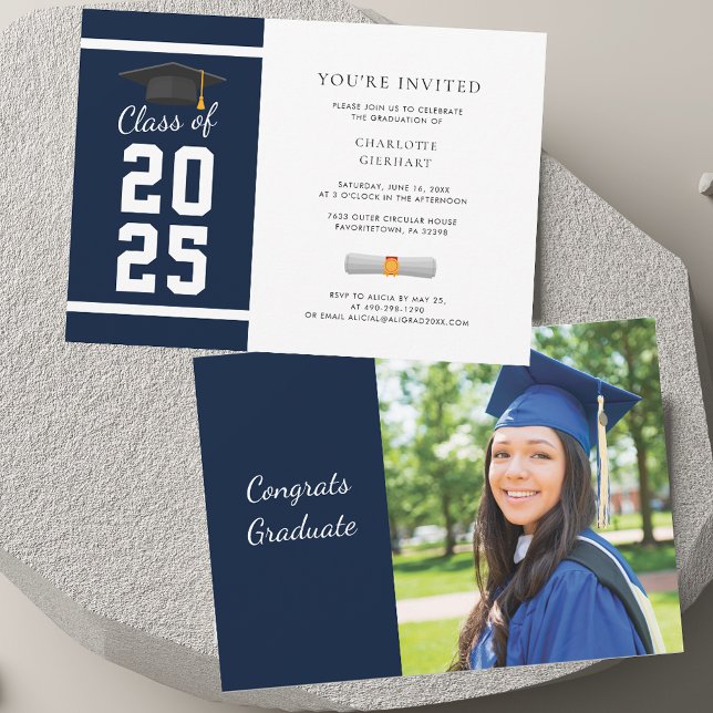 Grad 2026 Navy Blue Photo Graduation Party Invitation (Grad 2025 Navy Blue Photo Graduation Party Invitation)