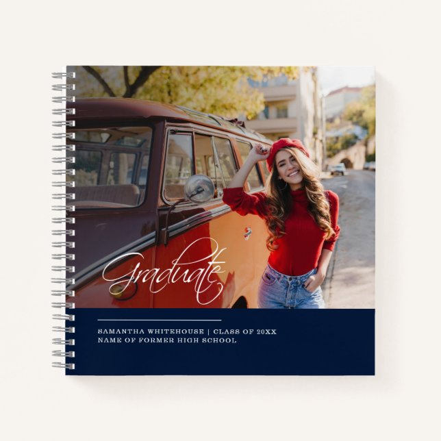 Grad 2026 Navy Photo Script Graduation Party Guest Notebook (Front)