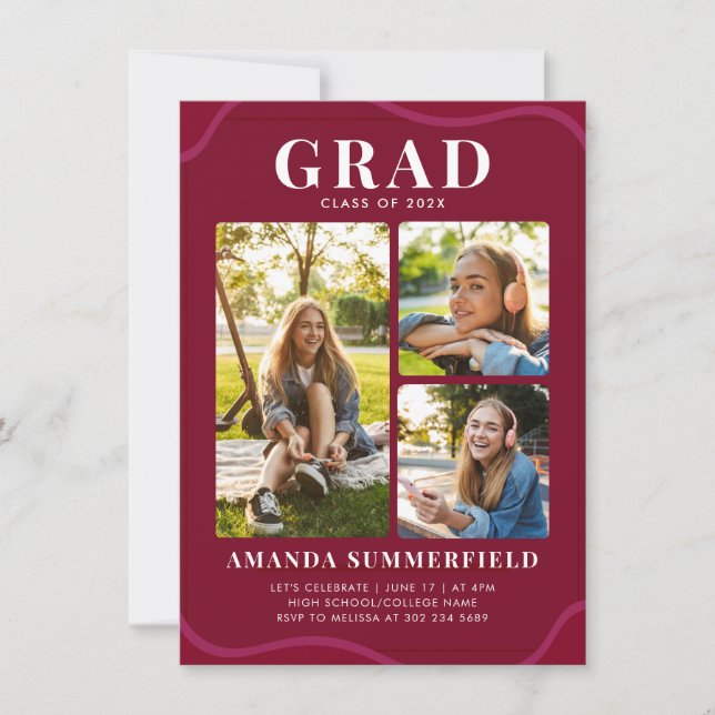 Grad 3 Photo Collage Graduation Party Invitation (Front)