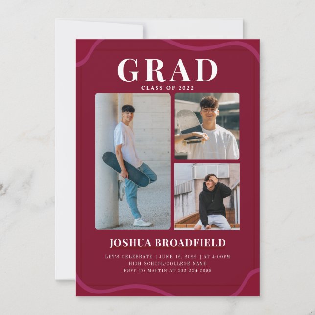 Grad 3 Photo Modern Burgundy Graduation Party Invitation (Front)