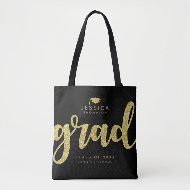 Grad Black & Faux Gold Glitter Simple Elegant Tote (Front)