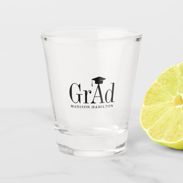 Grad Black Typography Graduation Hat Shot Glass (Front)