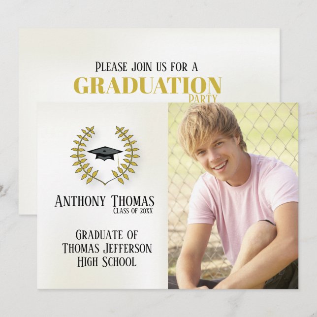 Grad Cap and Leaves Photo Invitation (Front/Back)