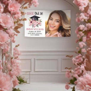 Grad Cap and Pink Florals Photo She Did It  Banner