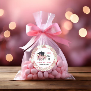 Grad Cap and Pink Florals She Did It Classic Round Sticker