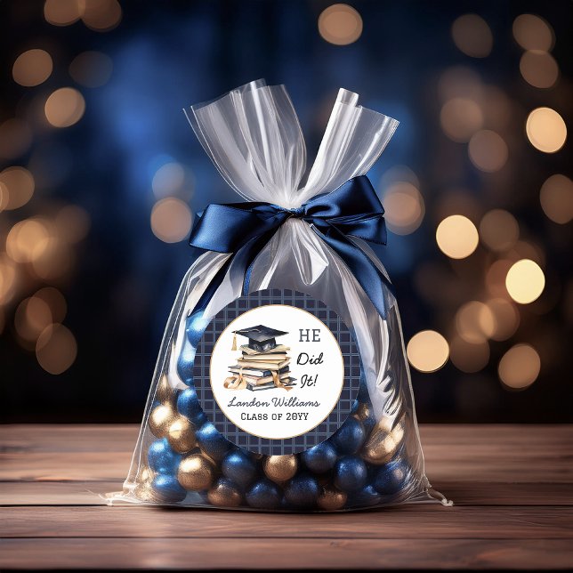 Grad Cap and Stack of Books He Did It  Classic Round Sticker ("HE Did It!" Grad Cap and Stack of Books Graduate Name and Class Year Graduation Round Sticker)