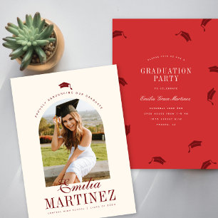 Grad Cap Arch Photo Elegant Script Red Graduation Announcement