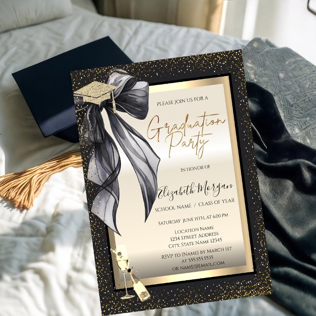 Grad Cap,Black Bow Wine Glass,Confetti  Invitation (Creator Uploaded)