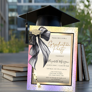 Grad Cap,Black Bow Wine Glass,Confetti Ombre  Invitation