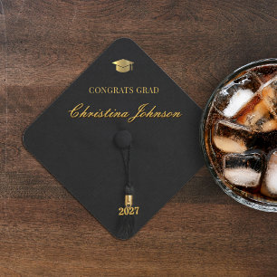 Grad Cap Black & Gold Graduation Party Paper Coaster