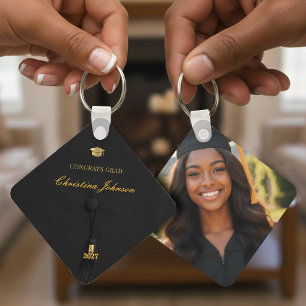Grad Cap Black & Gold Graduation Photo Key Ring