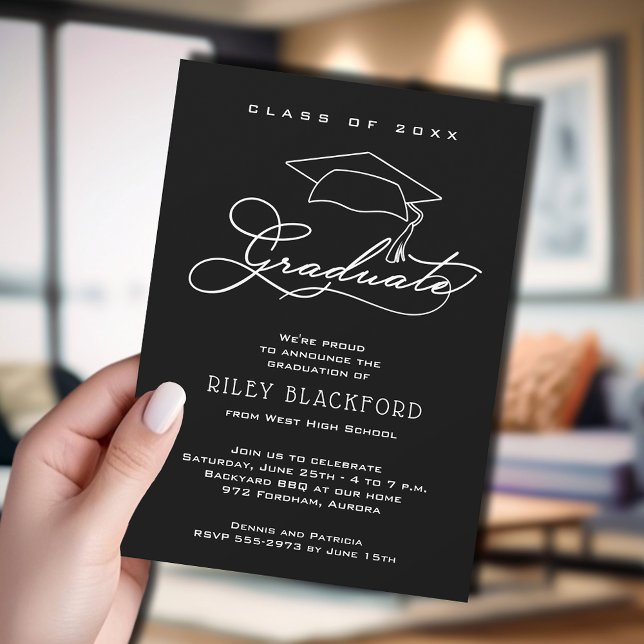 Grad Cap Black Graduation Announcement (Black graduation announcement cards feature your details in chic white lettering.)