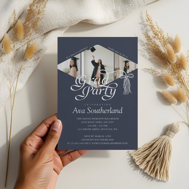 Grad Cap Bow Tassel Photo Collage Graduation Party Invitation (Grad Cap Bow Tassel Photo Collage Graduation Party Invitation)