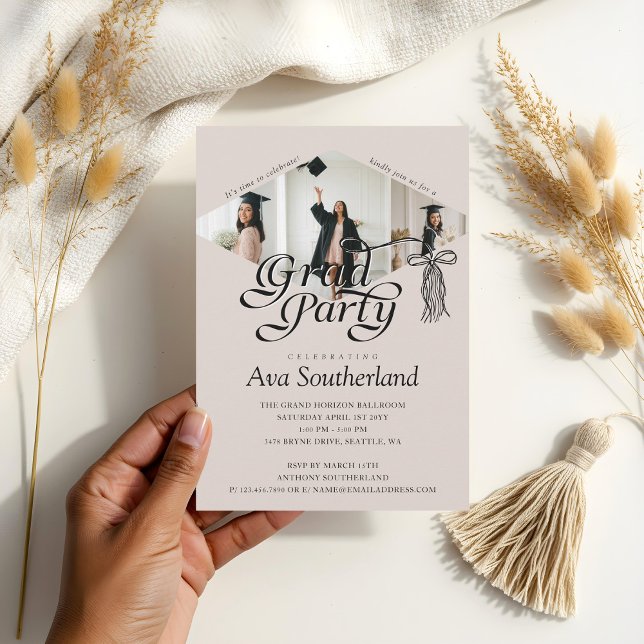 Grad Cap Bow Tassel Photo Collage Graduation Party Invitation (Grad Cap Bow Tassel Photo Collage Graduation Party Invitation)