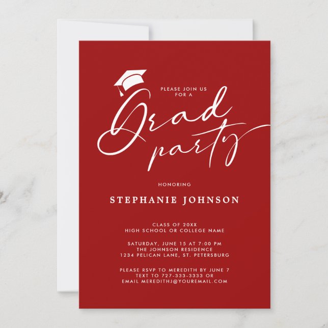 Grad Cap Calligraphy Crimson Red Graduation Party Invitation (Front)