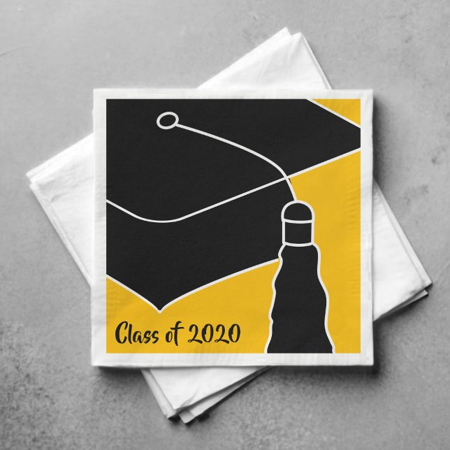 Grad Cap Class Year Black and Gold Napkin (Creator Uploaded)