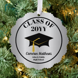 Grad Cap Class Year Silver Name Graduation Tree Decoration Card