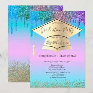 Grad Cap,Diamonds,Drips Holographic Graduation Invitation