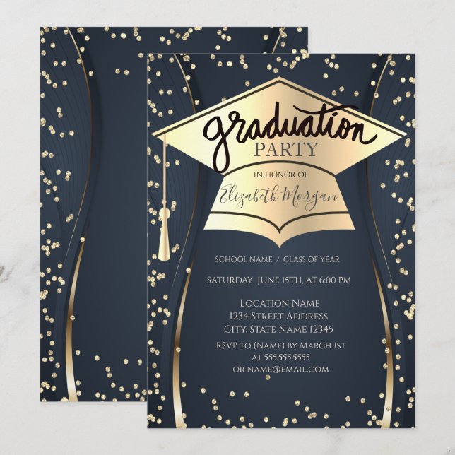 Grad Cap,Diamonds Navy Blue Graduation  Invitation (Front/Back)