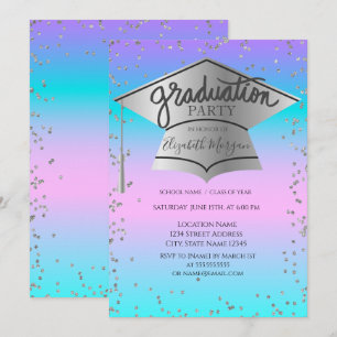 Grad Cap,Diamonds Ombre Holographic Graduation Invitation