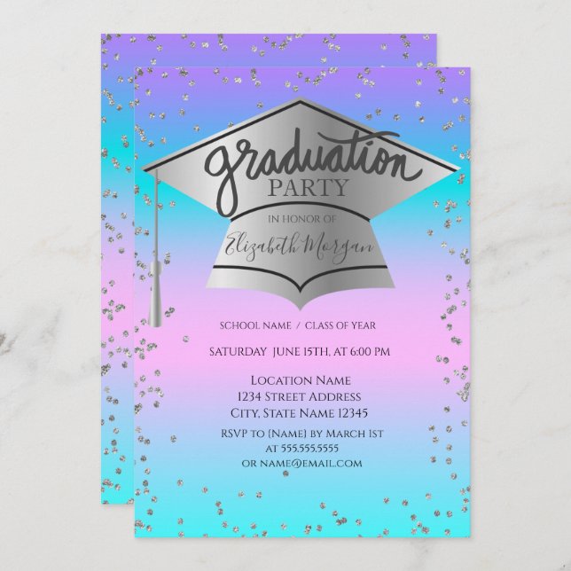Grad Cap,Diamonds Ombre Holographic Graduation Invitation (Front/Back)