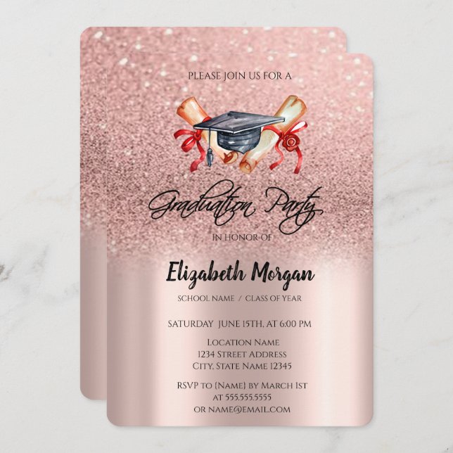 Grad Cap Diploma Rose Gold Glitter Graduation  Invitation (Front/Back)