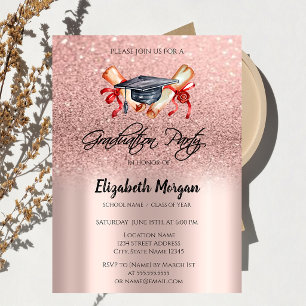 Grad Cap Diploma Rose Gold Glitter Graduation Invitation