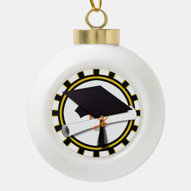 Grad Cap & Diploma w/School Colours Black and Gold Ceramic Ball Christmas Ornament (Front)