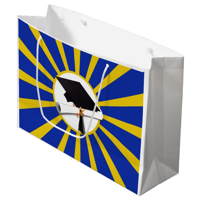 Grad Cap & Diploma w/ School Colours Blue and Gold Large Gift Bag (Front Angled)