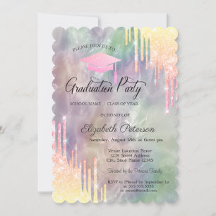 Grad Cap Glitter Drips,Holographic Graduation Invitation