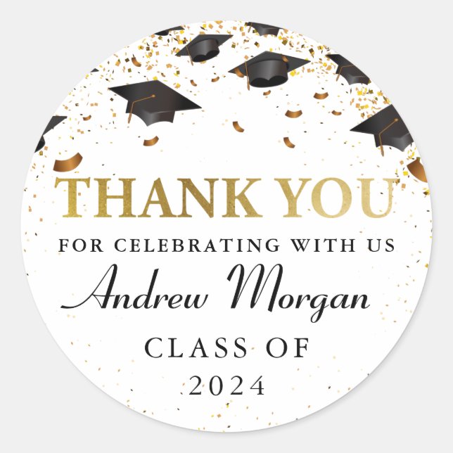 Grad Cap Gold Glitter Graduation Thank You Classic Round Sticker (Front)